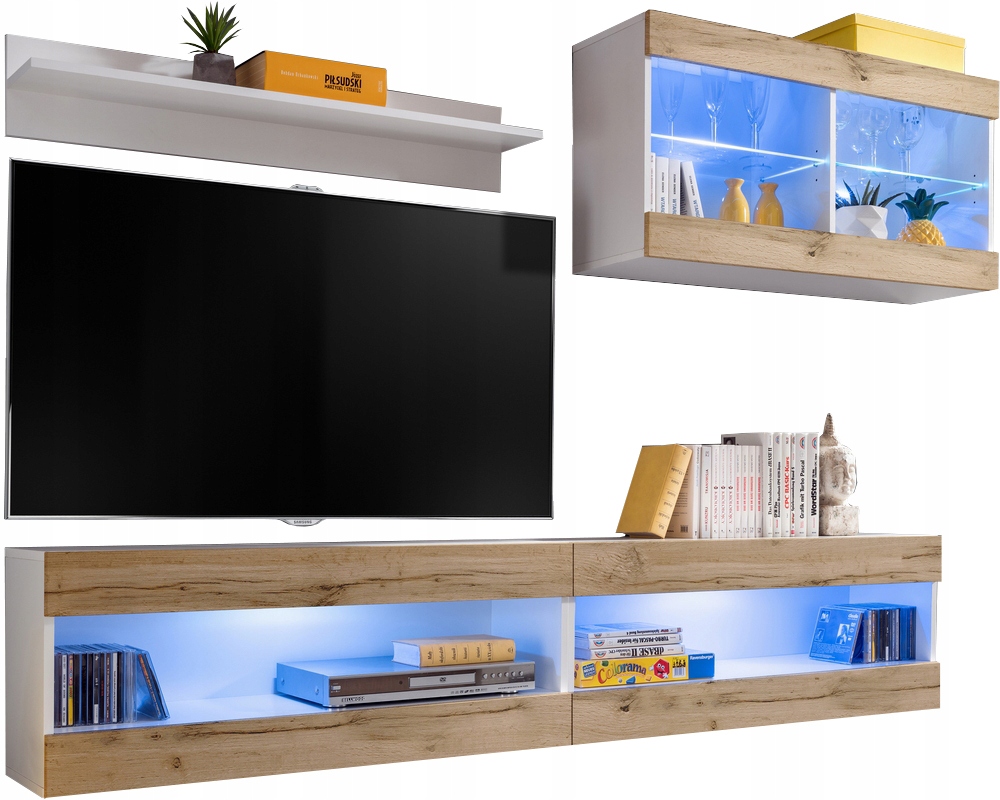 Sada nábytku Rtv Tivoli SET6 Biela/dub wotan, modré Led diódy