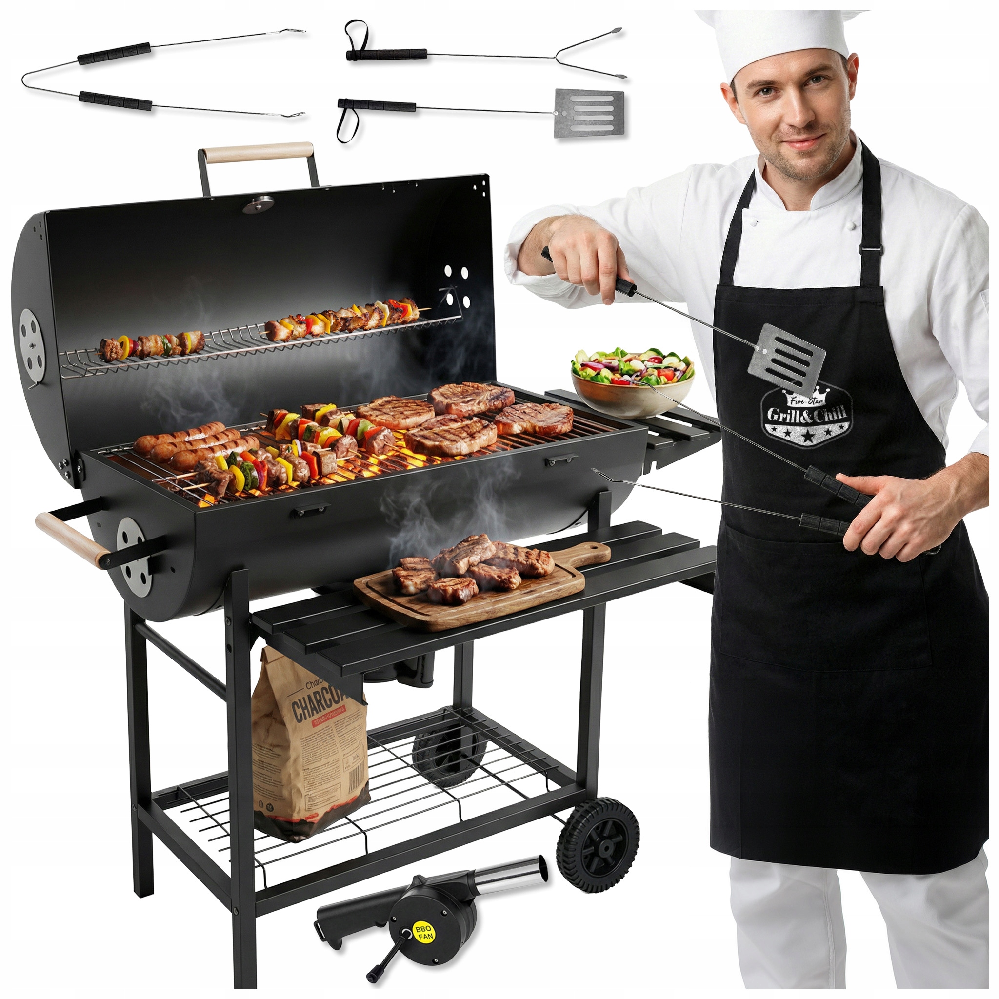 Zahradní Gril Na Dřevěné Uhlí S Víkem Na Kolečkách, Police, Gril Bbq