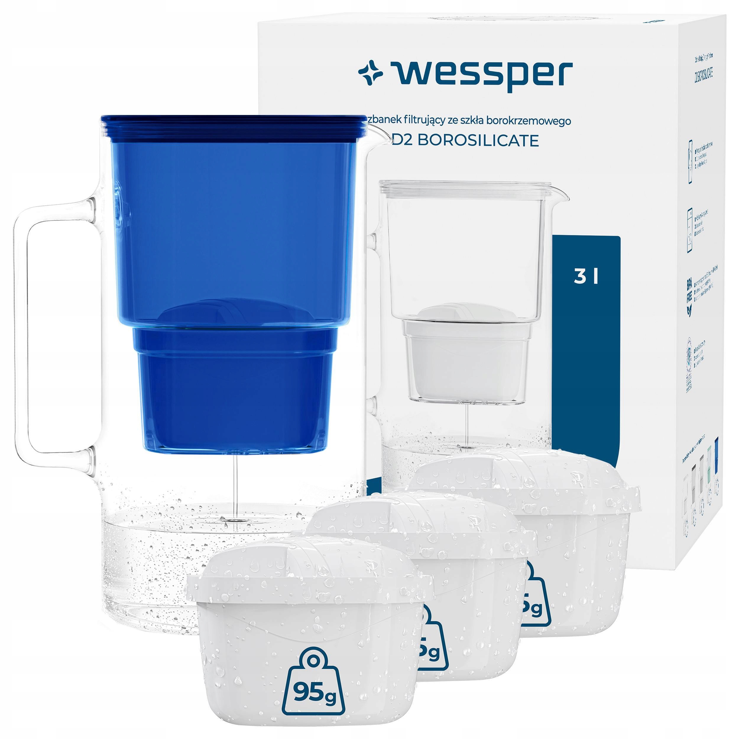 Dzbanek filtrujący szklany Wessper D2 Borosilicate 3l 4x filtr do wody