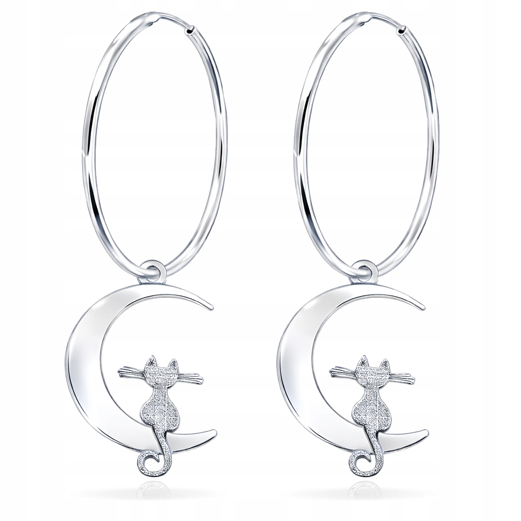 Stříbrné roztomilé náušnice Velká kolečka Kočka na měsíci Stříbro ryzost 925