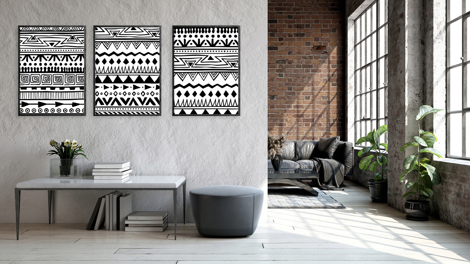 OBRAZY W RAMIE 53x73cm Tryptyk Komplet 3 obrazów ENTO BLACK WHITE biel P574 Stan opakowania oryginalne