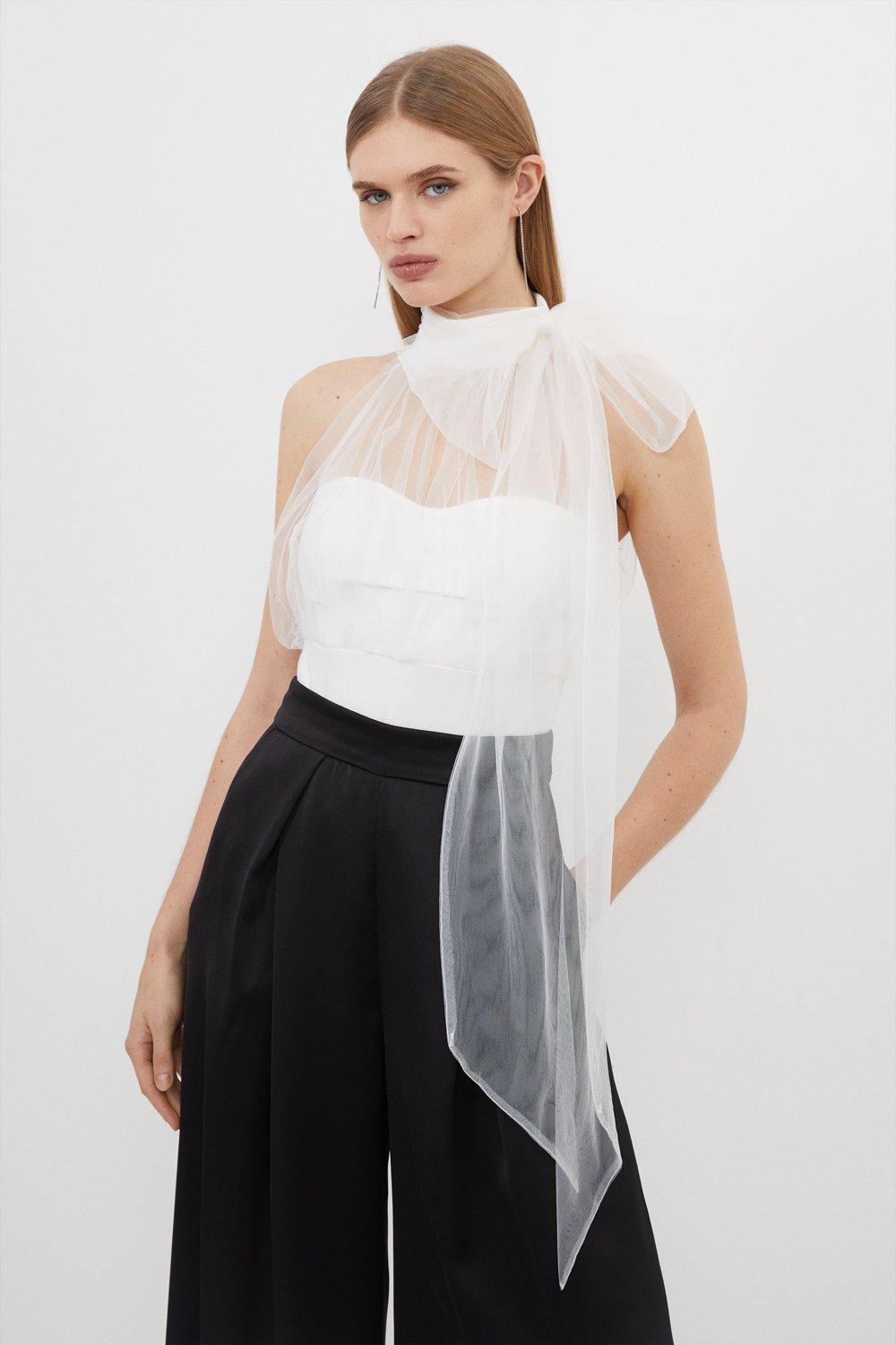 BIAŁE BODY ELEGANCKIE TIUL WIĄZANIE ZATRZASK GŁADKIE KAREN MILLEN L Rozmiar L (40)