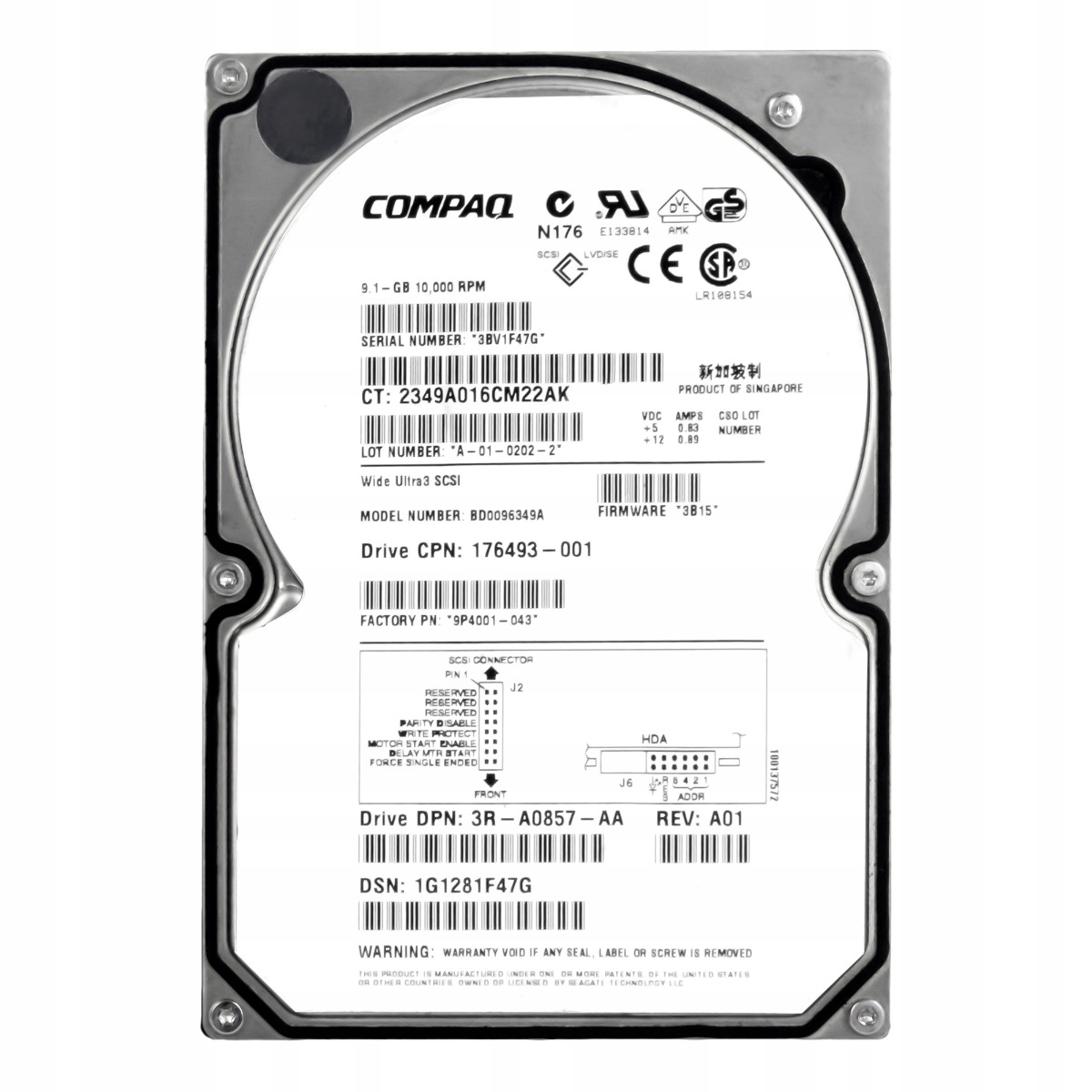 Compaq 176493-001 9.1GB 10K Scsi 3.5'' BD0096349A