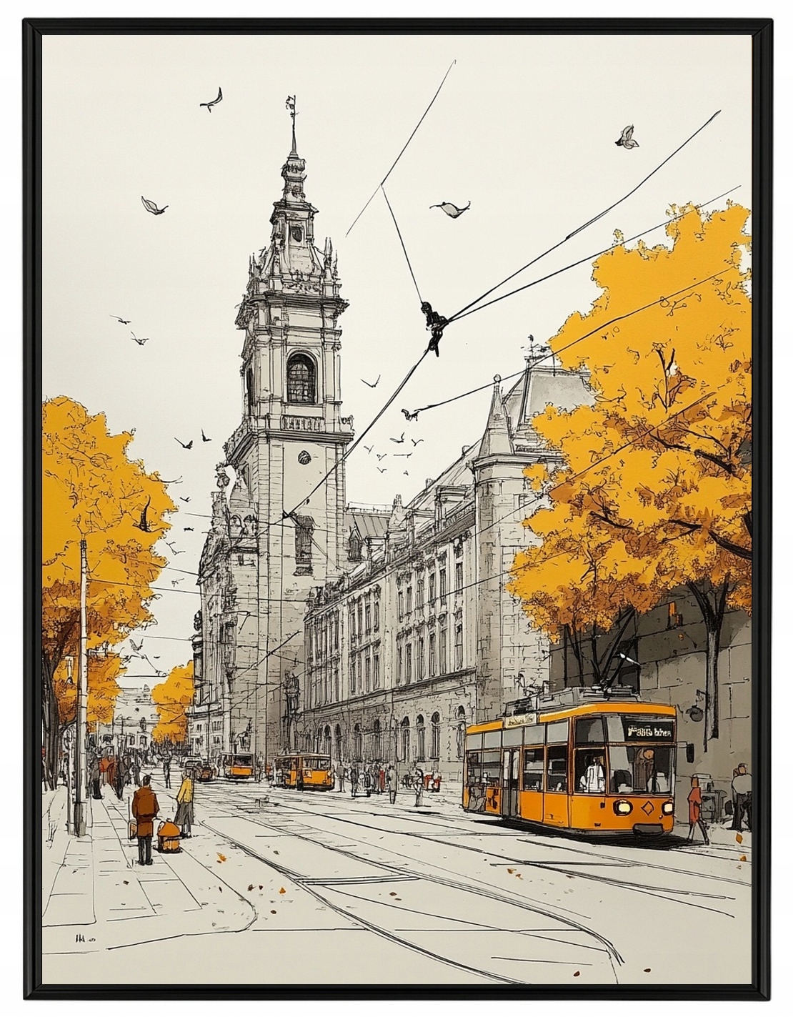 Plakát Rámeček Aluminium Kresba Ukrajina Lvů Radnice Tramvaj Podzim 60x80