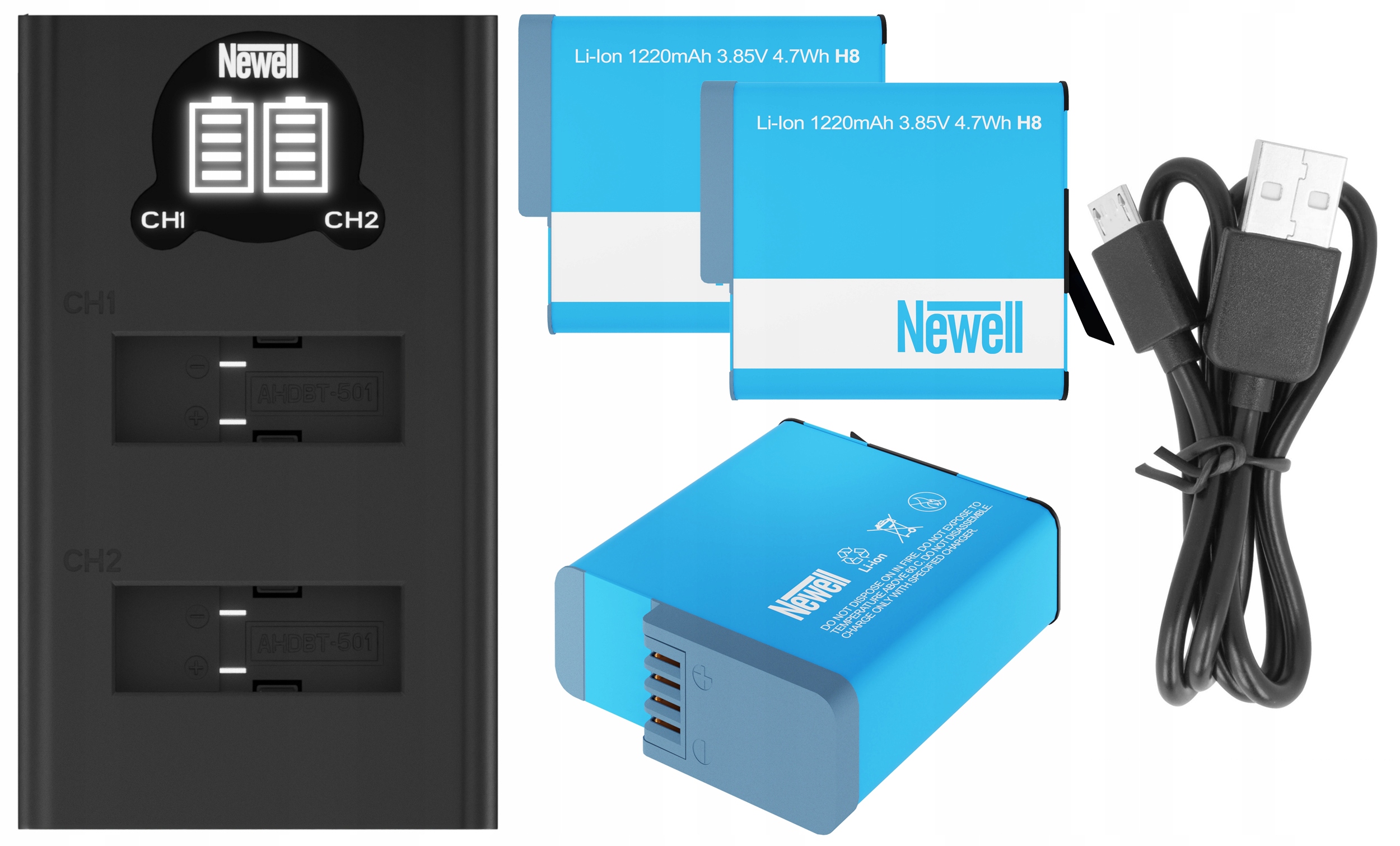 2X BATERIA DO GOPRO HERO 8 BLACK NEWELL SPJB1B 1220MAH 3.85V + ŁAD. USB-C