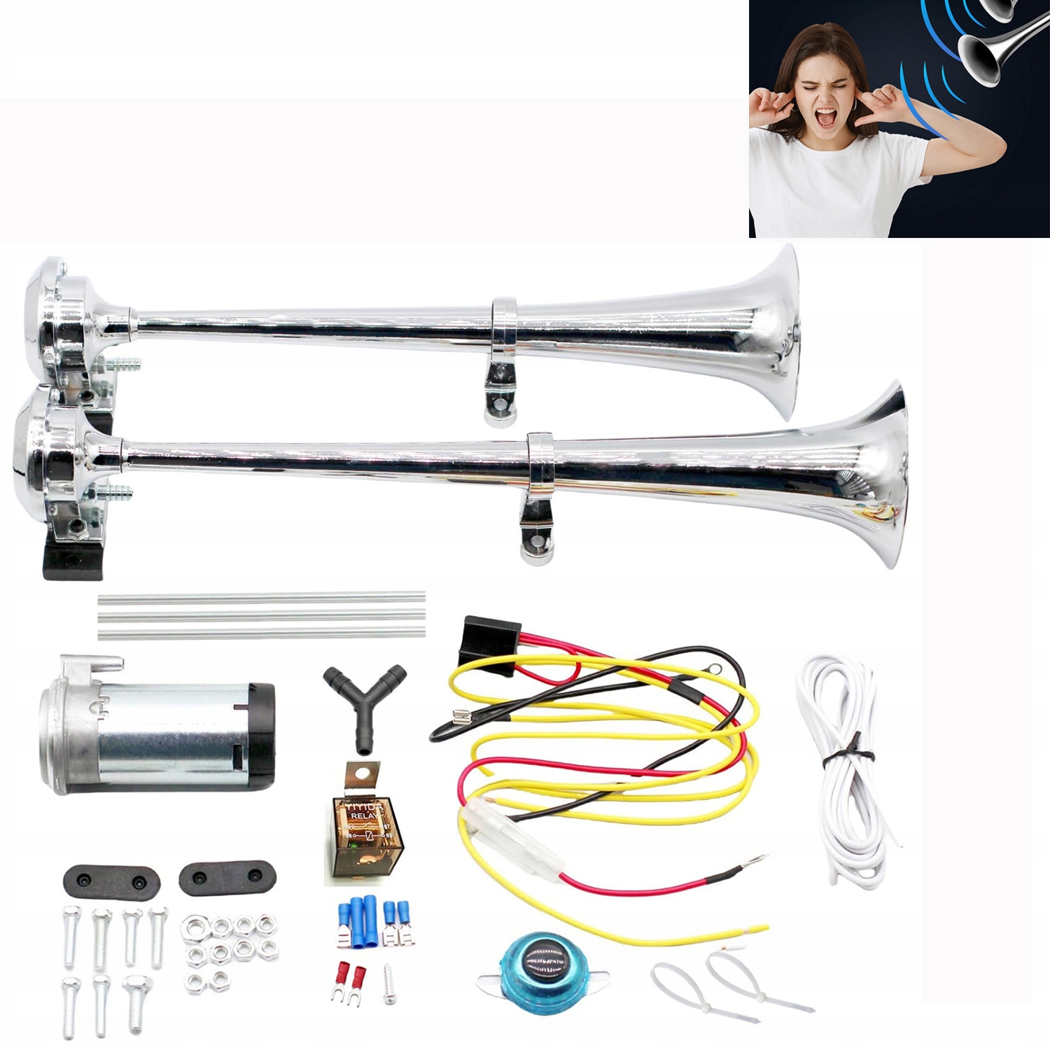 Klakson Tir Trubka Kompresor 12V 17 palců Hlasitý Pneumatický 600dB Chrom