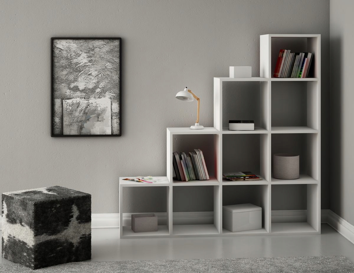 NOWOCZESNY REGAŁ SCHODKOWY NA KSIĄŻKI, ZABAWKI, BIAŁY, CZARNY, DĄB SONOMA Wysokość mebla 140 cm