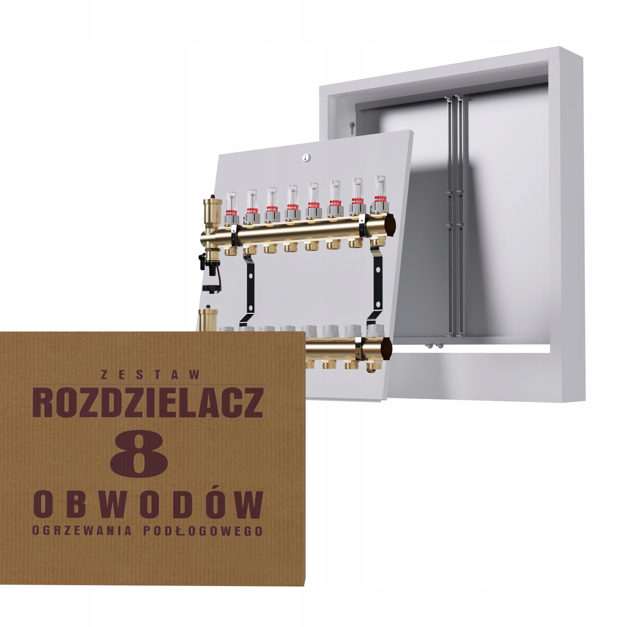 Rozdělovač na podlahu mosazný 8-okruhový a nástěnná skříňka bílá