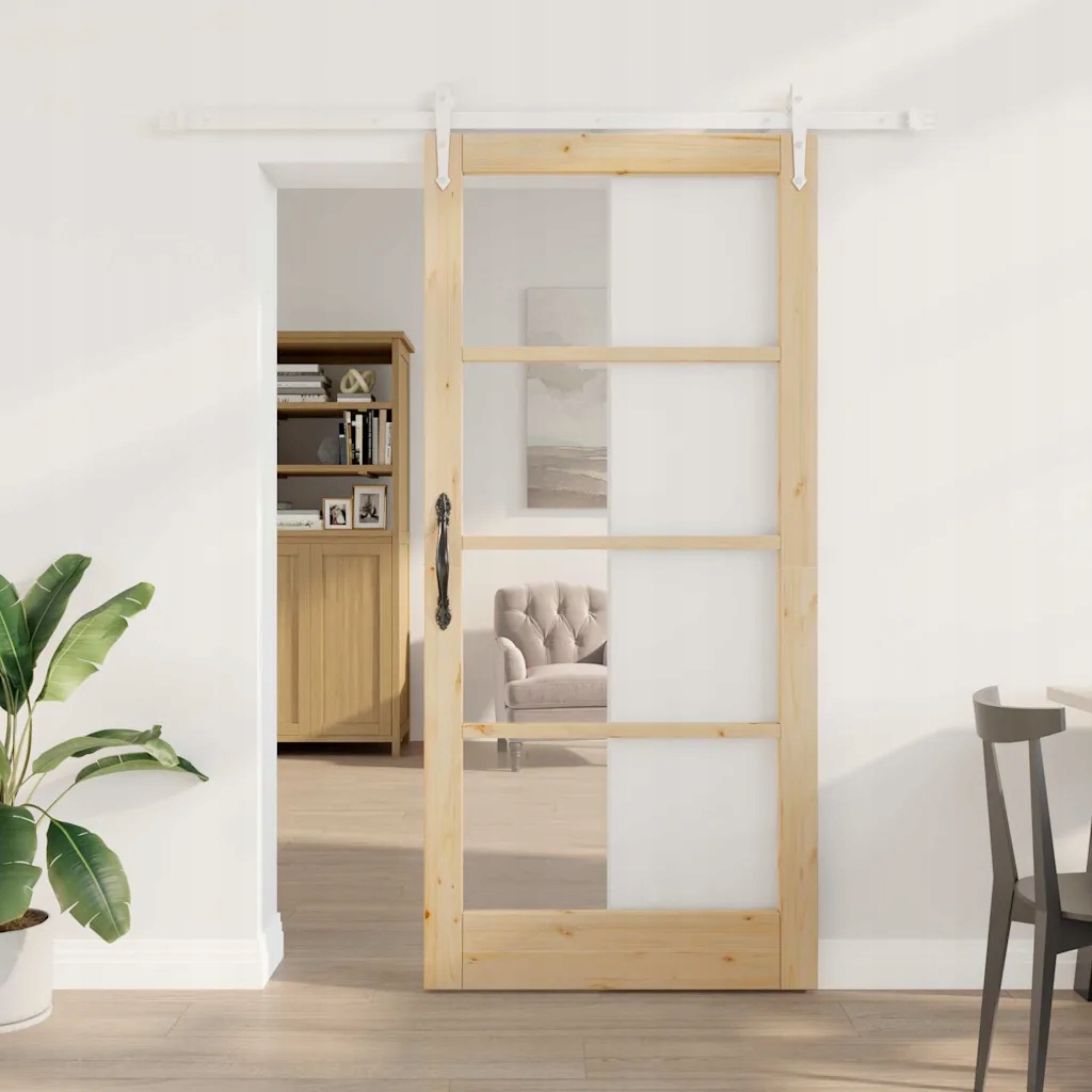vidaXL Posuvné dveře Přírodní 93 x 202 cm Masivní borové dřevo a sklo