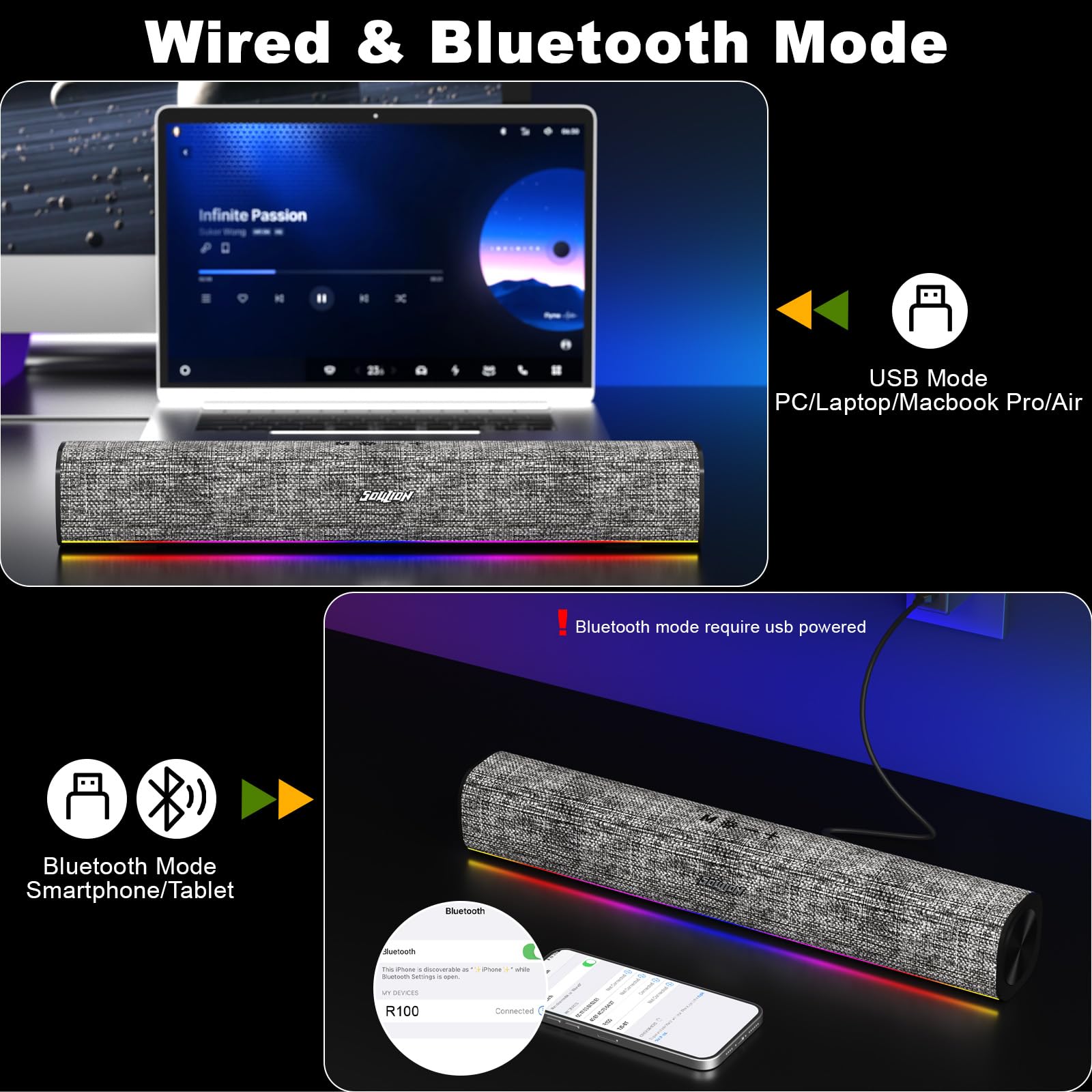 SOULION R100 Głośniki Komputerowe Bluetooth Kolorowe Światła Stereo USB — miniatura 3