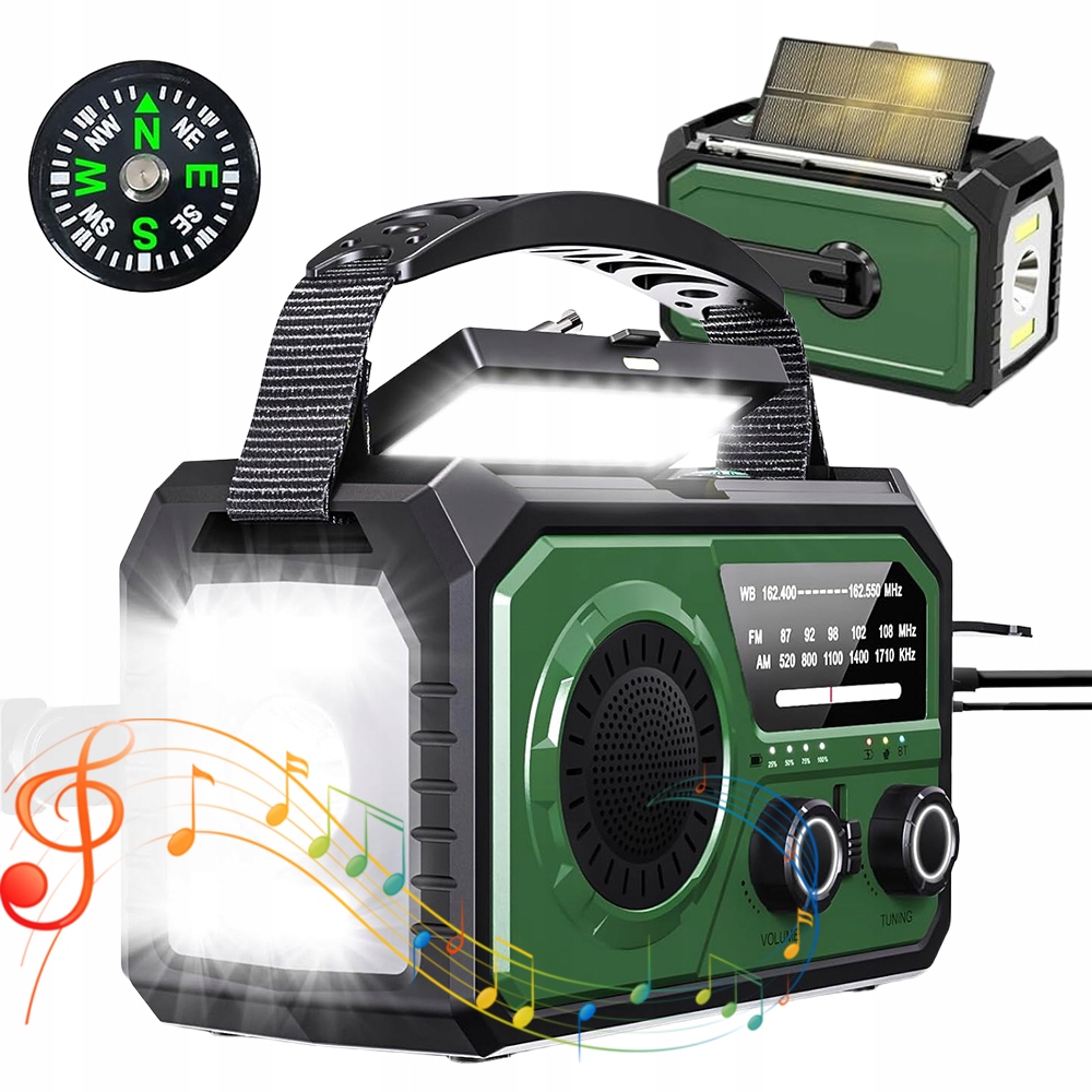 Radio Awaryjne Survivalowe na Korbę Solarne Powerbank Latarka 16000mAh