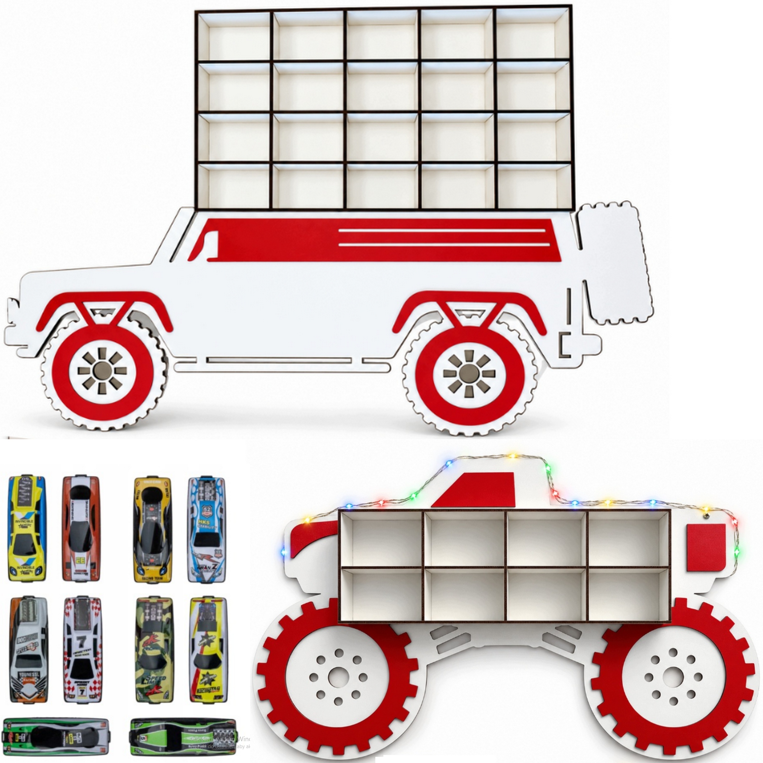 Auto Terenowe Monster Truck Organizer Ścienny na resoraki Led +10 Autek