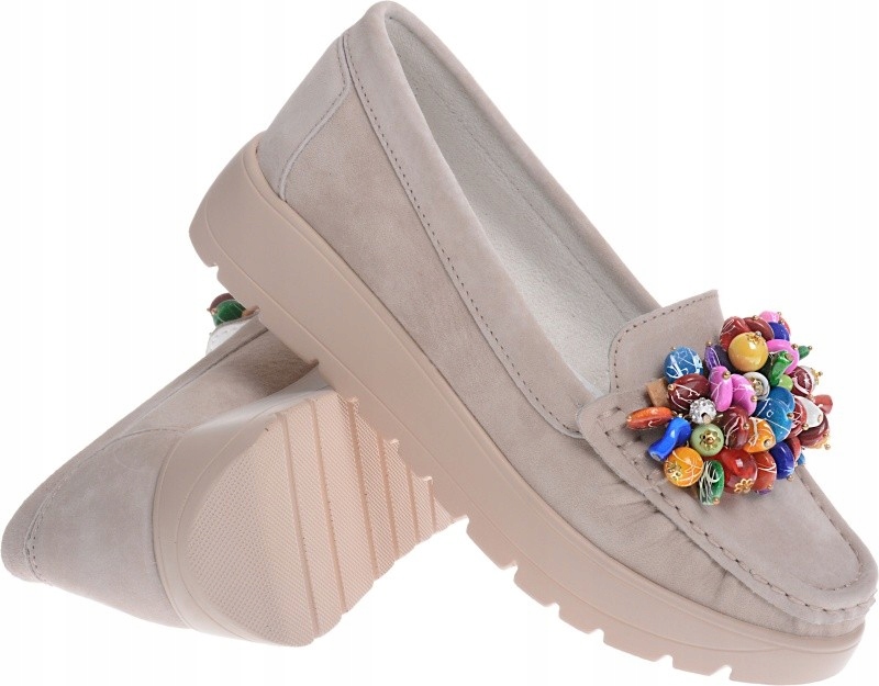 Skórzane Mokasyny Półbuty Damskie Na Platformie beż 38