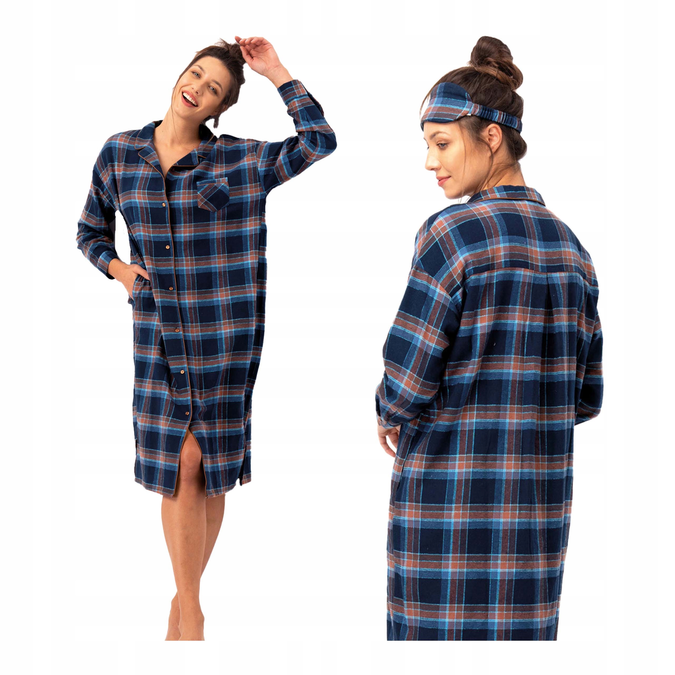 Košile noční se zapínáním, dlouhá bavlněná flanelová tkanina Key S