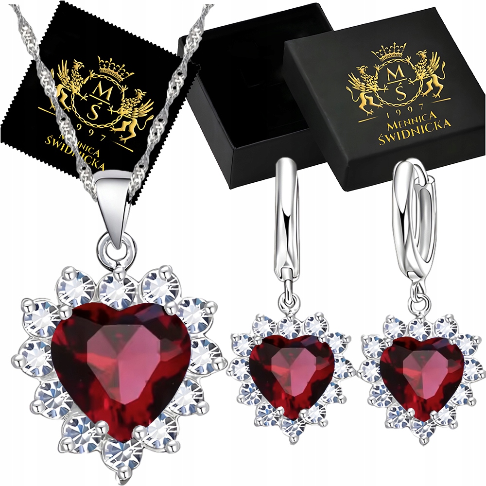 Komplet šperků Stříbro 925 Rubínové srdce a Zirkony Náušnice Anglické