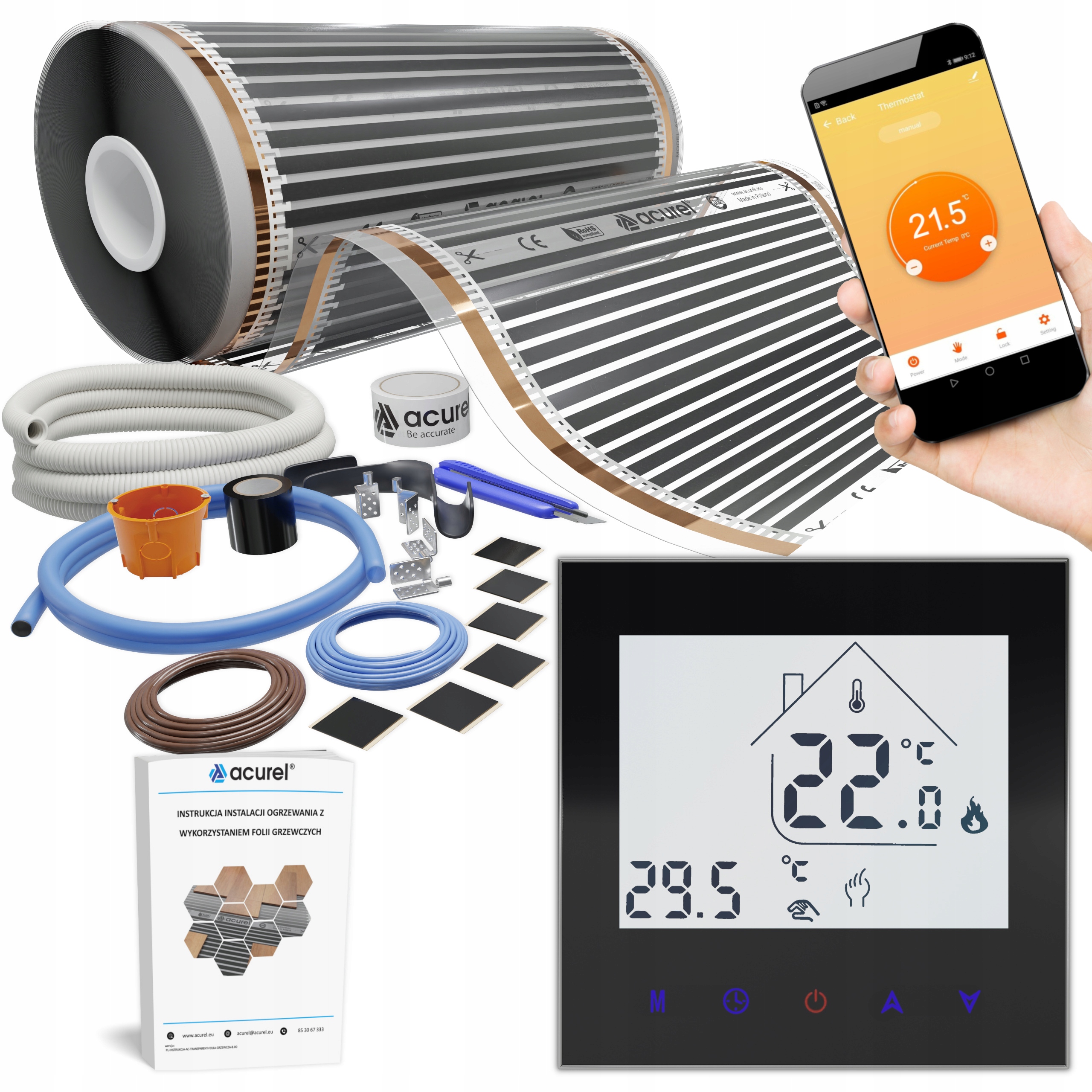 Folia grzewcza 80W/m² Termostat Wifi Ogrzewanie podłogowe Zestaw 9m²