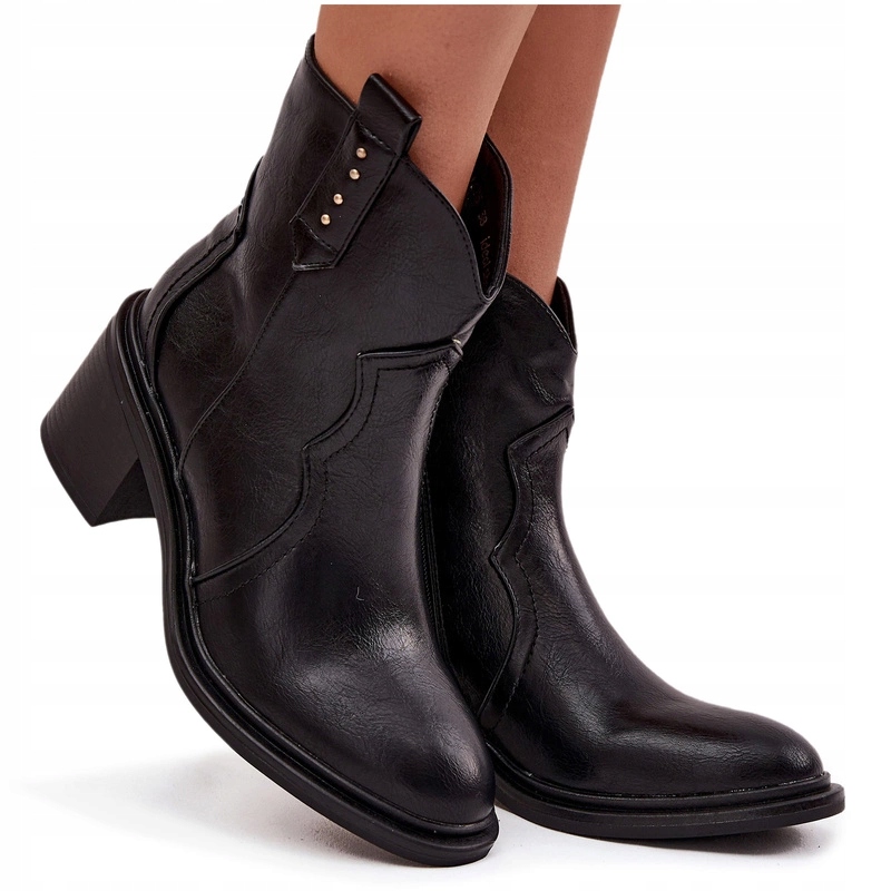 Dámské Kotníkové Boty Eko Kožené Na Masivním Podpatku Kovbojské Boty Černé 37