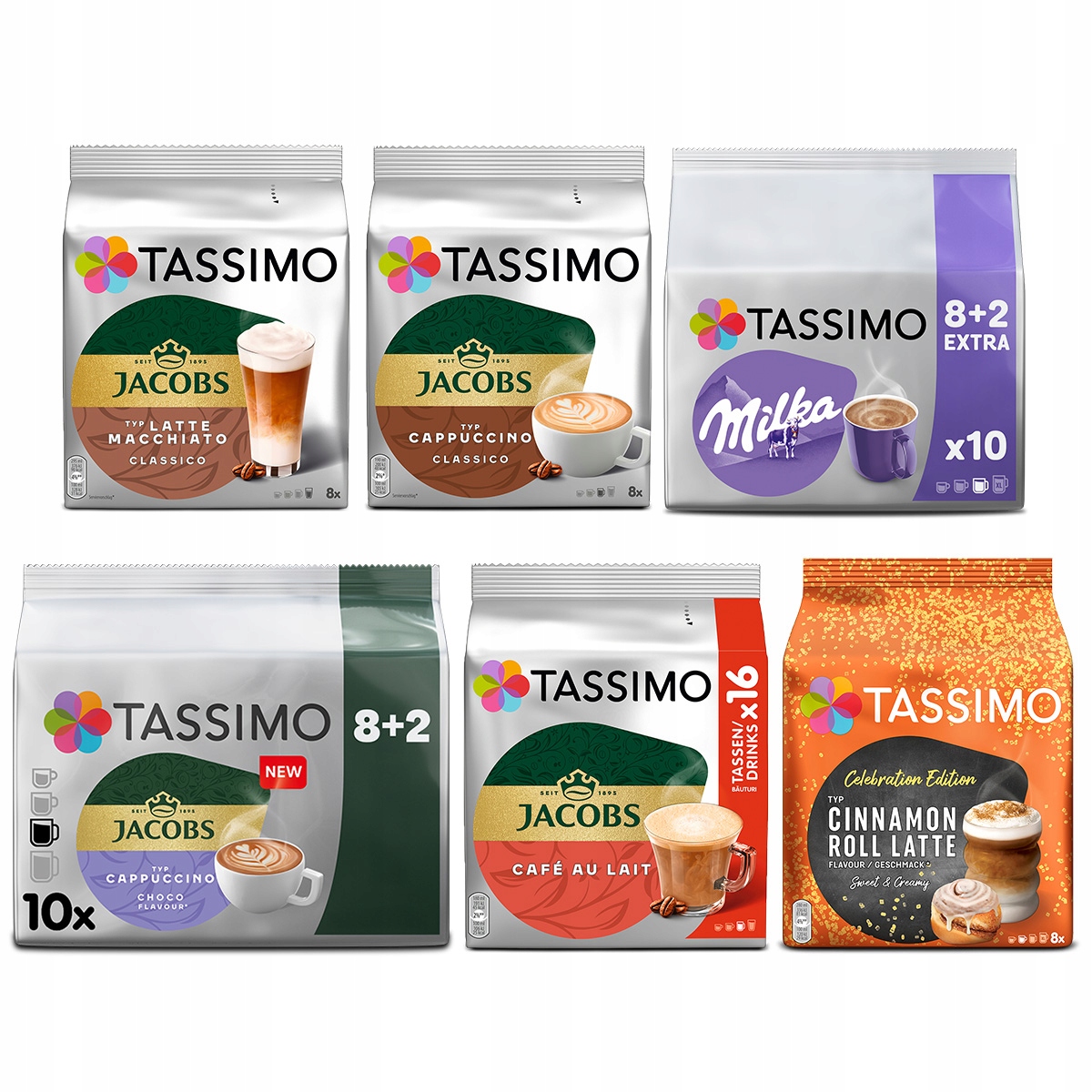 Kapsułki Tassimo zestaw kaw białych, cappuccino, Cinnamon Roll 5+1 Gratis!