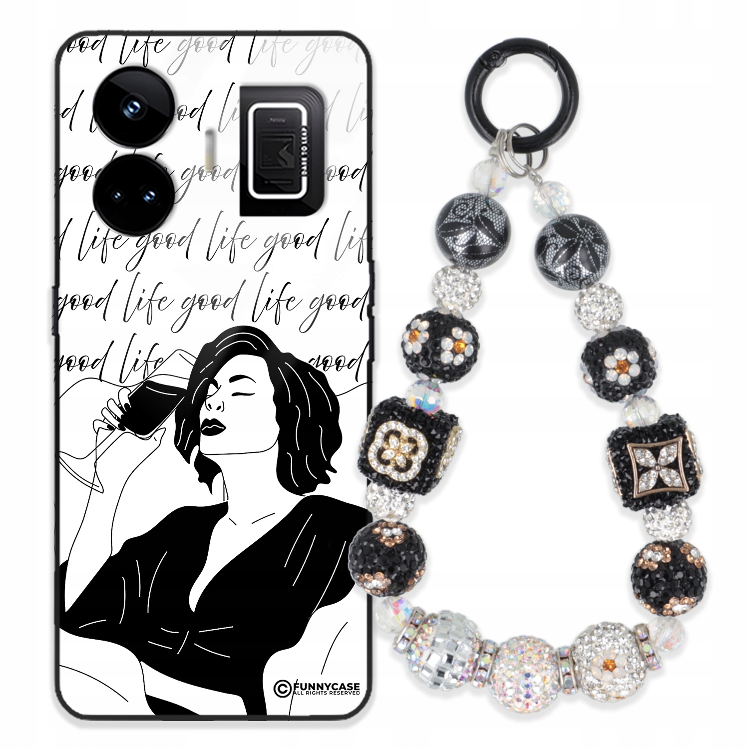 Puzdro Pre Realme Gt Neo 5 Glass Art Čiernobiela Kľúčenka Strieborné Zirkóny Wz