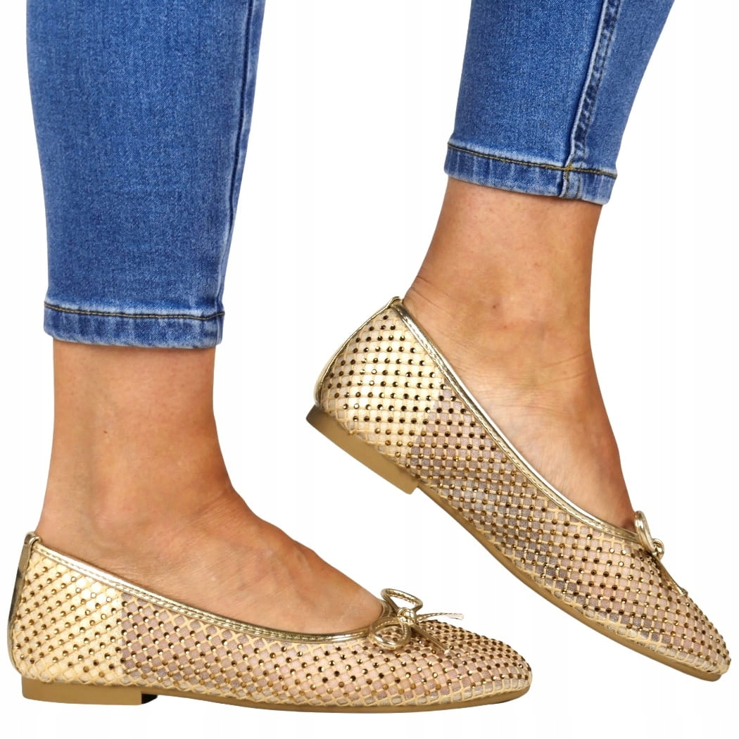 Síťované baleríny zdobené zirkony Béžové Zlaté Boty S Plochou Podrážkou Top