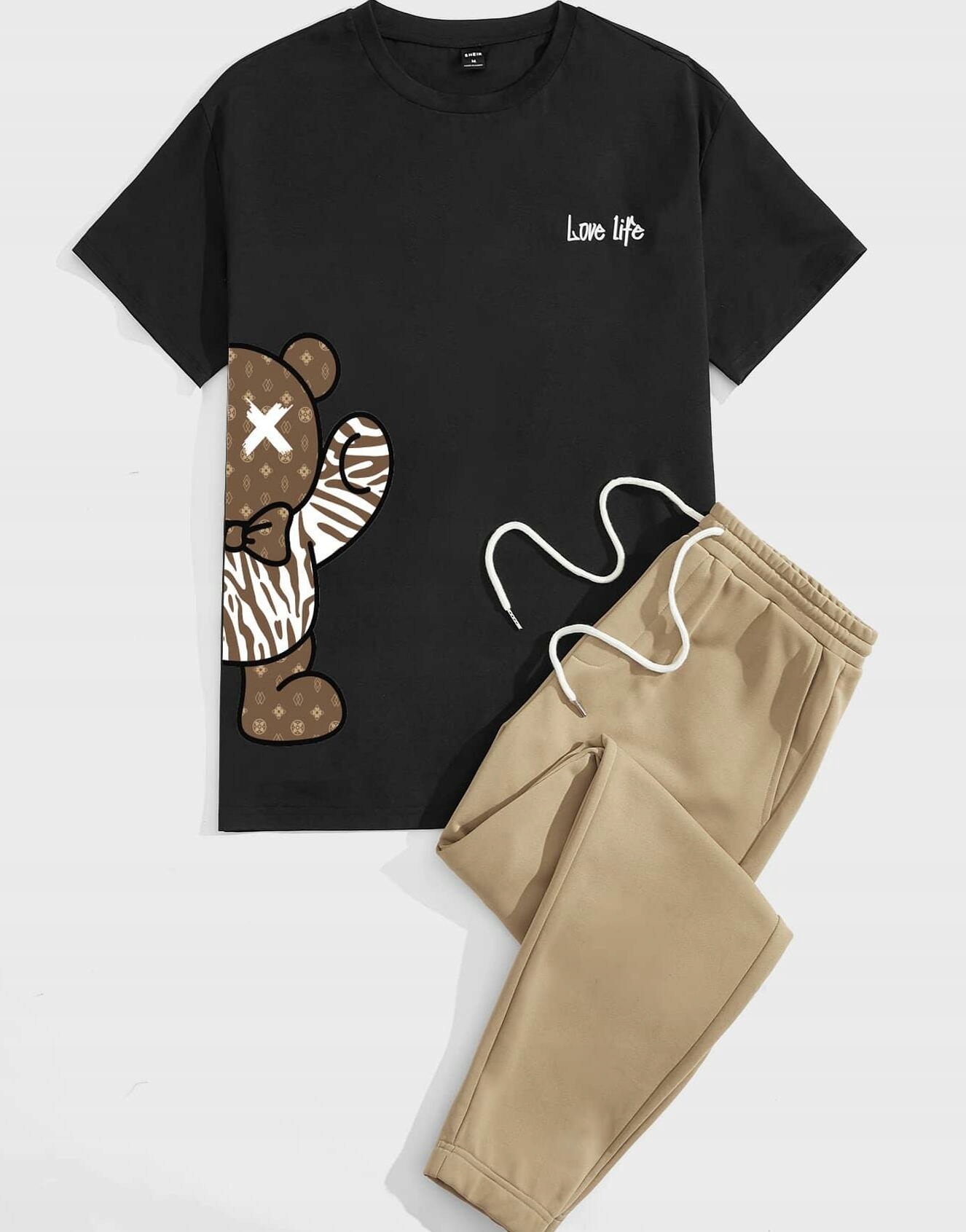 KOMPLET CZARNY T-SHIRT KOSZULKA BIAŁY NAPIS NADRUK BRĄZOWE SPODNIE SHEIN XL