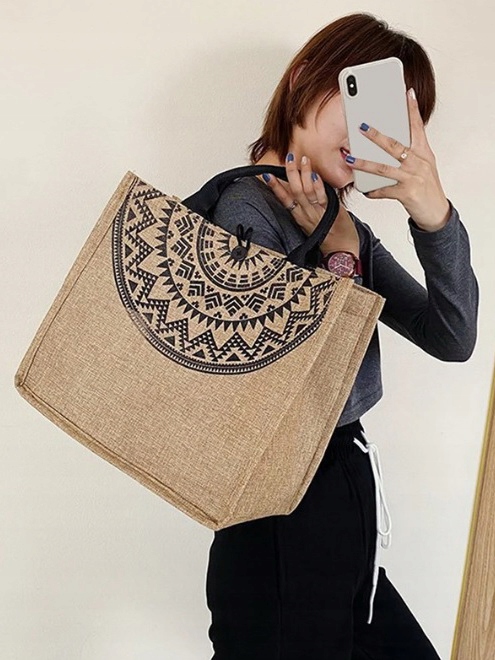 TOREBKA Beżowa Czarna Płócienna Tkana Boho A4 Kolor brązowy