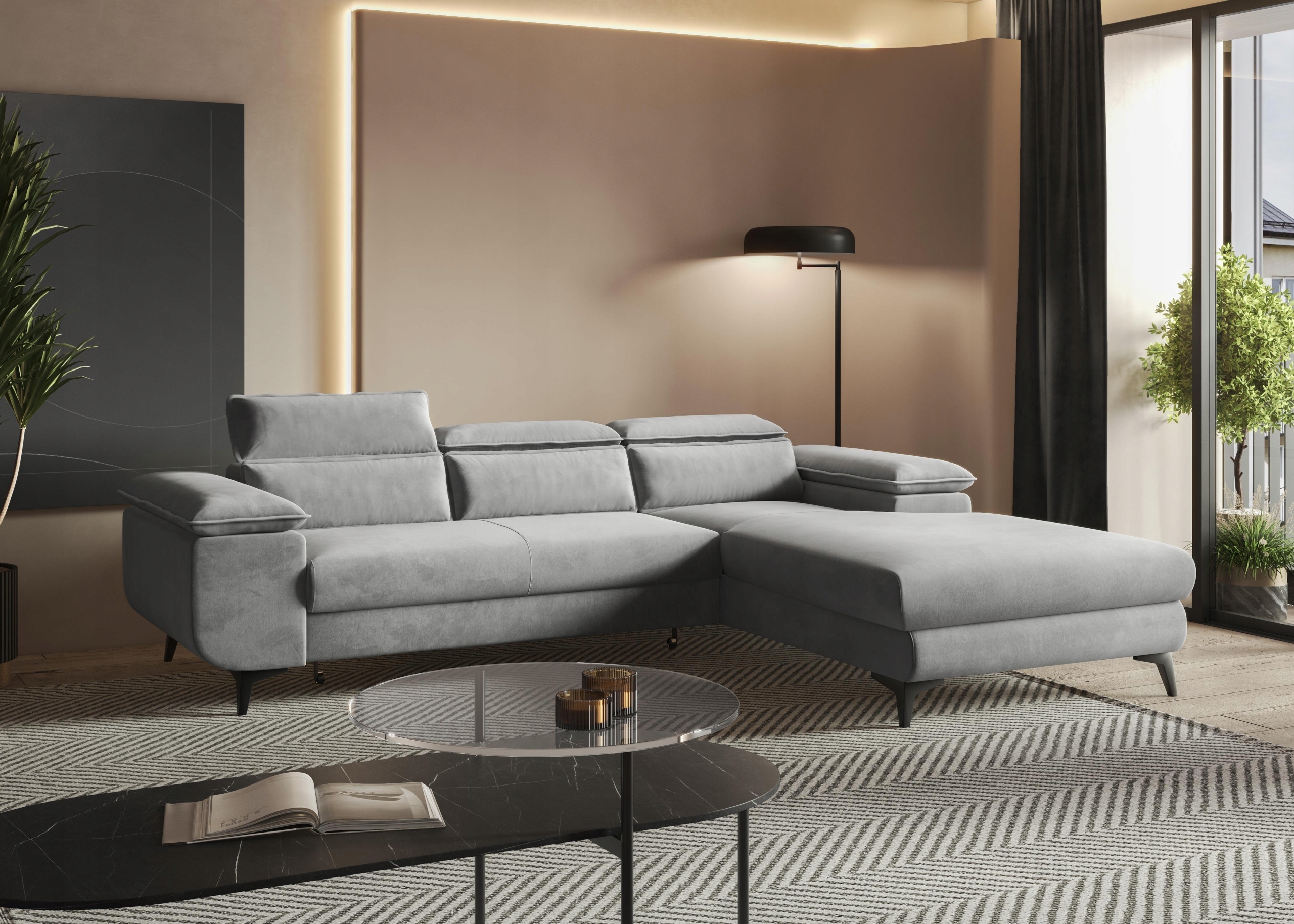Moderní rohová sedací souprava panel Flat pro každodenní spaní z velurové tkaniny