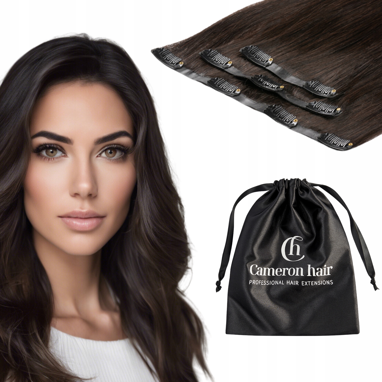 Doczepy na spinkach bezszwowe włosy naturalne 40 cm 3 taśmy #1b ciemny brąz