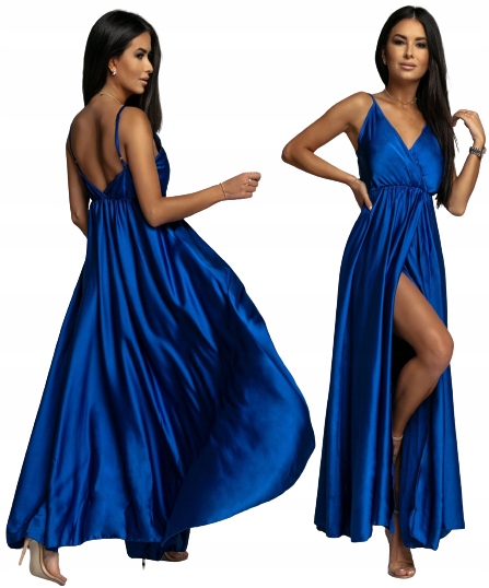 SATYNOWA DŁUGA NIEBIESKA SUKIENKA OKOLICZNOŚCIOWA WESELE PRZYJĘCIE WIZYTOWA