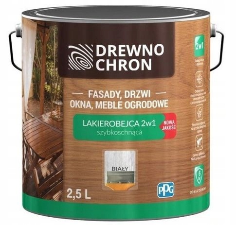Drewnochron lakierobejca do drewna 2w1 fasady drzwi meble biały 2,5l