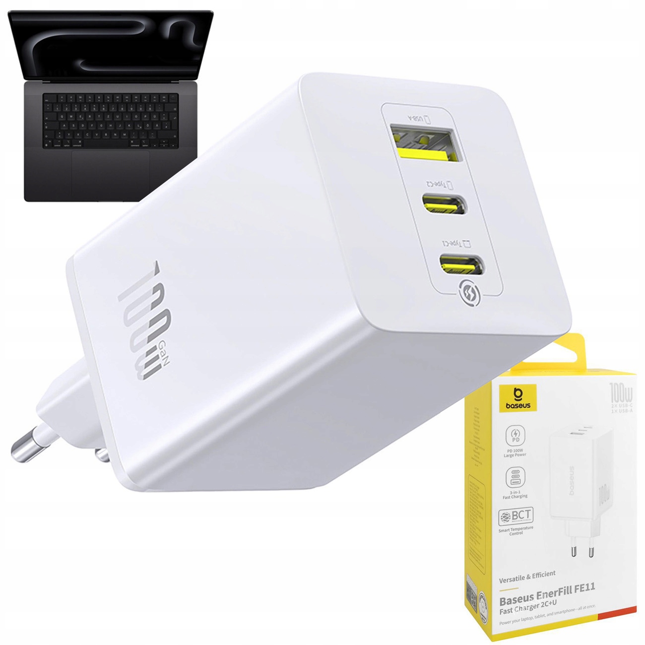 Baseus Rychlá síťová nabíječka 2x Usb-c Usb-a 100W Bílá kostka