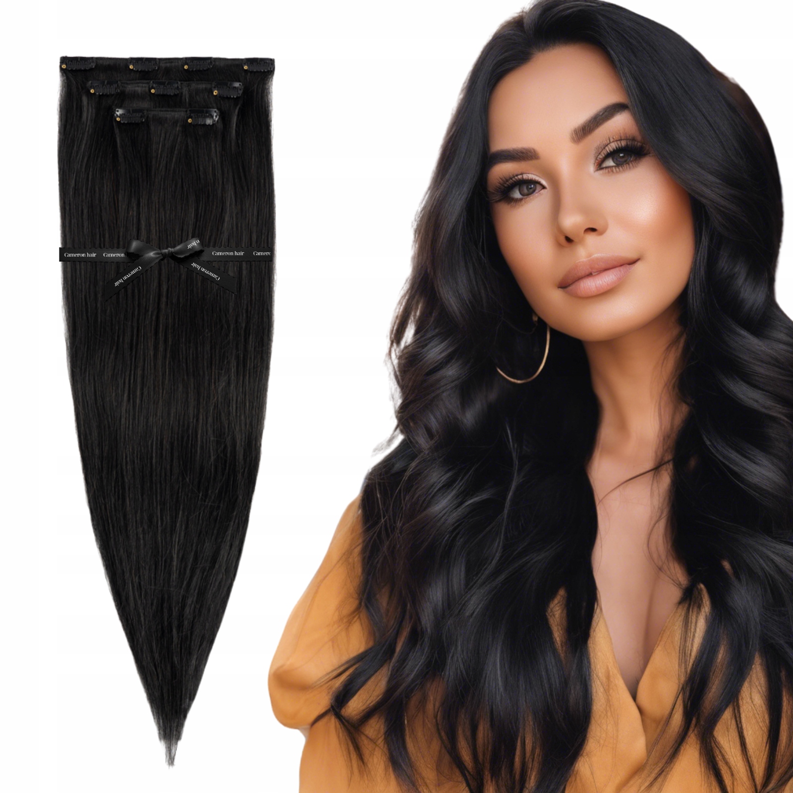 Připínáčky na sponkách přírodní vlasy Clip In 60 cm 3 pásky #1 černé připínáčky