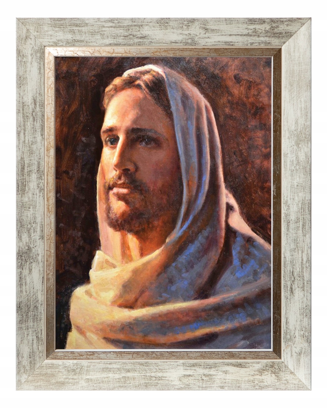 Pan Ježíš Sakrální Obraz Na Plátně V Bílém Zdobeném Rámu 30X40