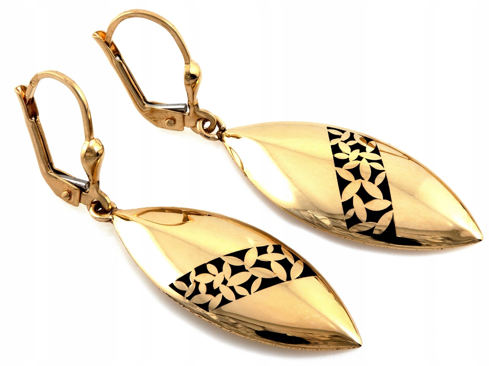 Náušnice zlaté závěsné 585 s černým smaltem 3.69 g elegantní mandle 14kt