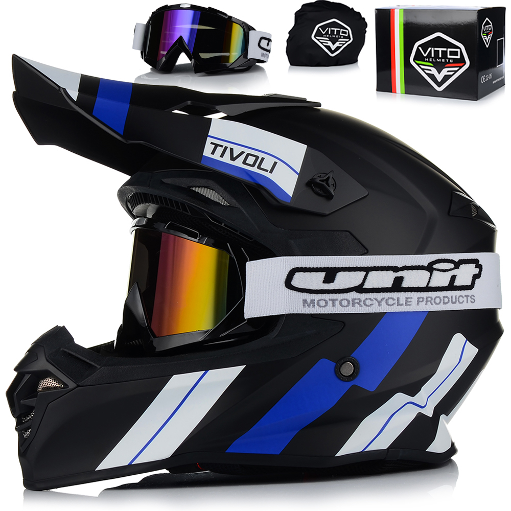 Motocyklová Prilba Vito Tivoli Blue Okuliare Off-road Enduro Cross Štvorkolka