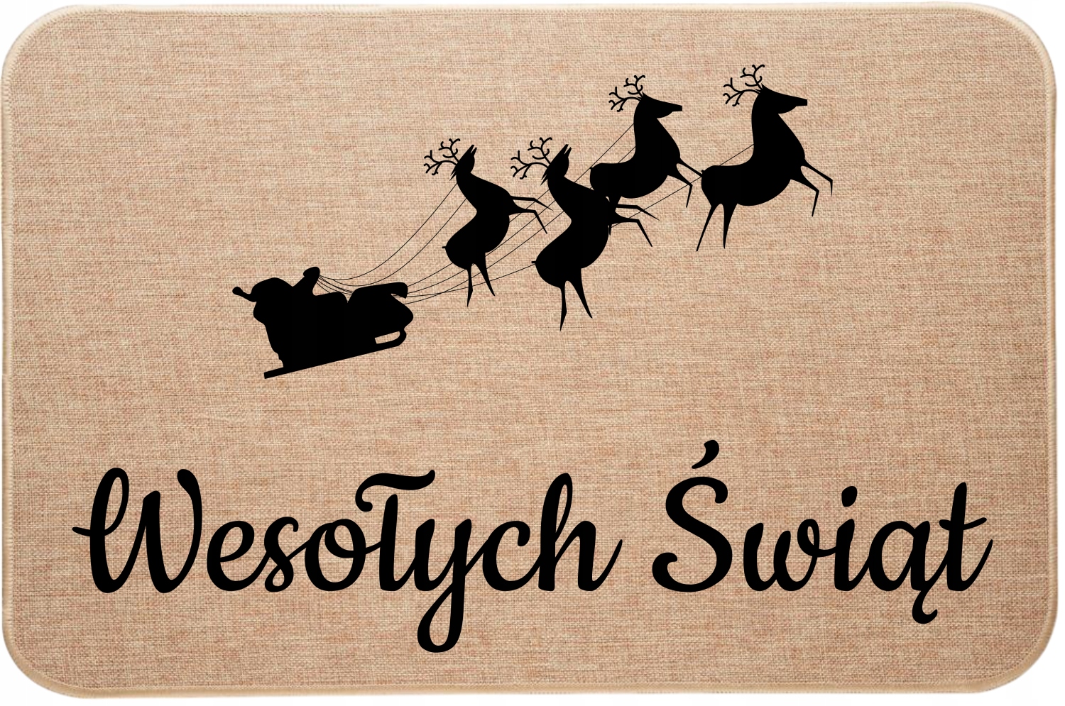 Vánoční lněná rohožka Sáně s Mikulášem a Reniferami Veselé Vánoce