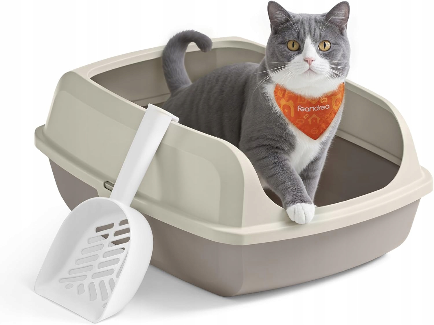 Levně Toaleta pro kočky s vysokými boky, otevřená shora, s lopatou Béžová