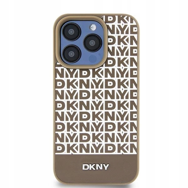 Pouzdro Dkny Leather Printed Pattern Metal Logo MagSafe pro iPhone 15 14 13 hnědé