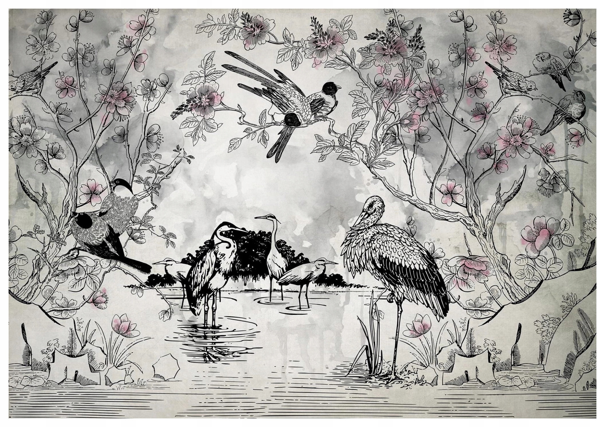 Fototapeta flizelina Ptáci mezi květinami jemnost a jaro 312x219 lepidlo