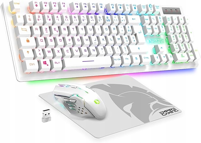 Klawiatura Myszka Zestaw Bezprzewodowy Azerty, Rgb, Biały Zestaw Gamingowy