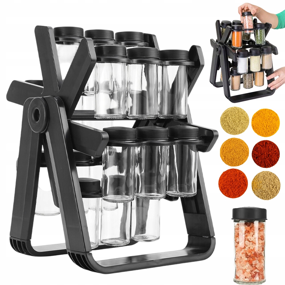 Stojan Na Koření Otočný 360° S 18 Sklenicemi Černý