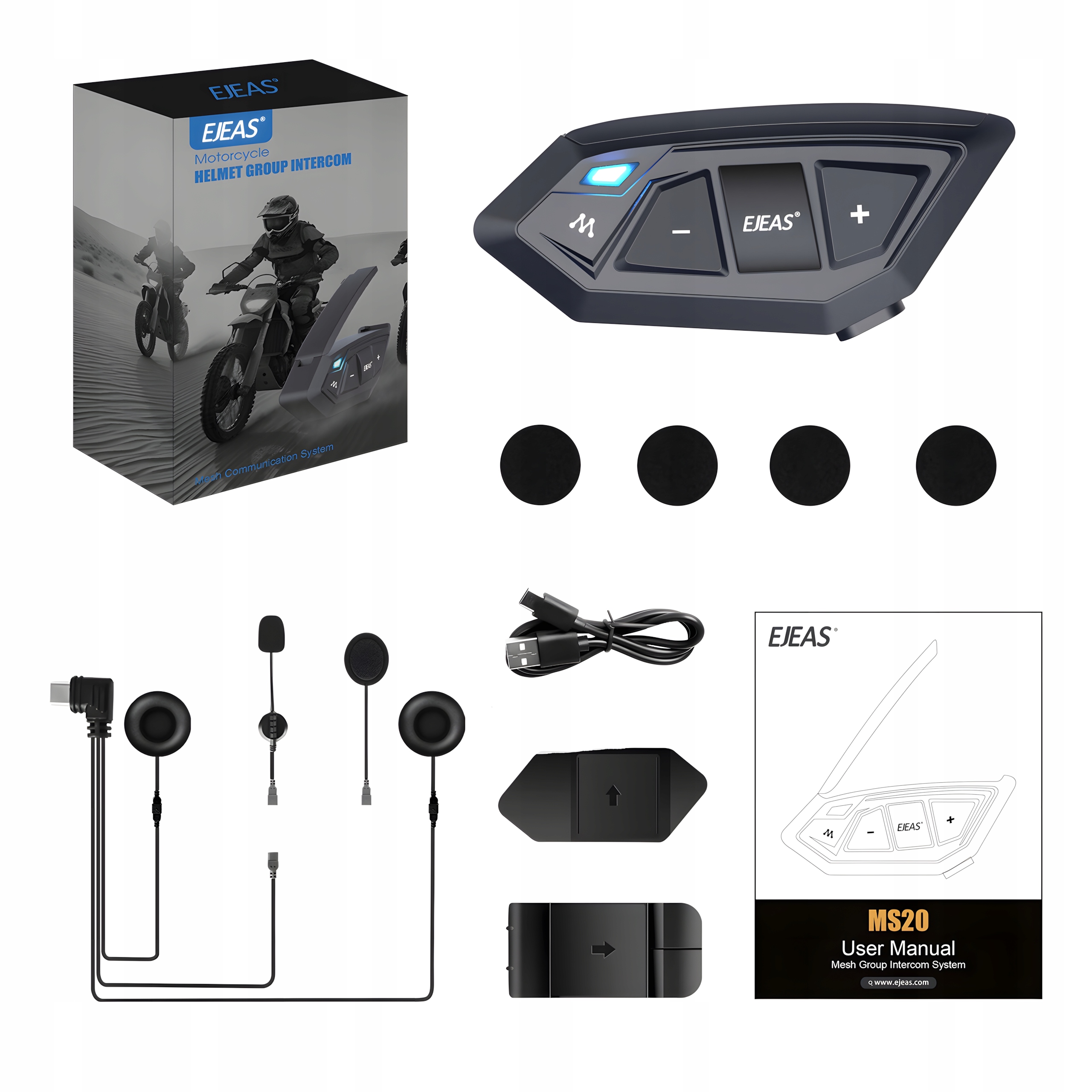 Ejeas MS20 Motocyklový Interkom Max 20 Osob 3000M IP67 Mesh Bt 5.1 CVC