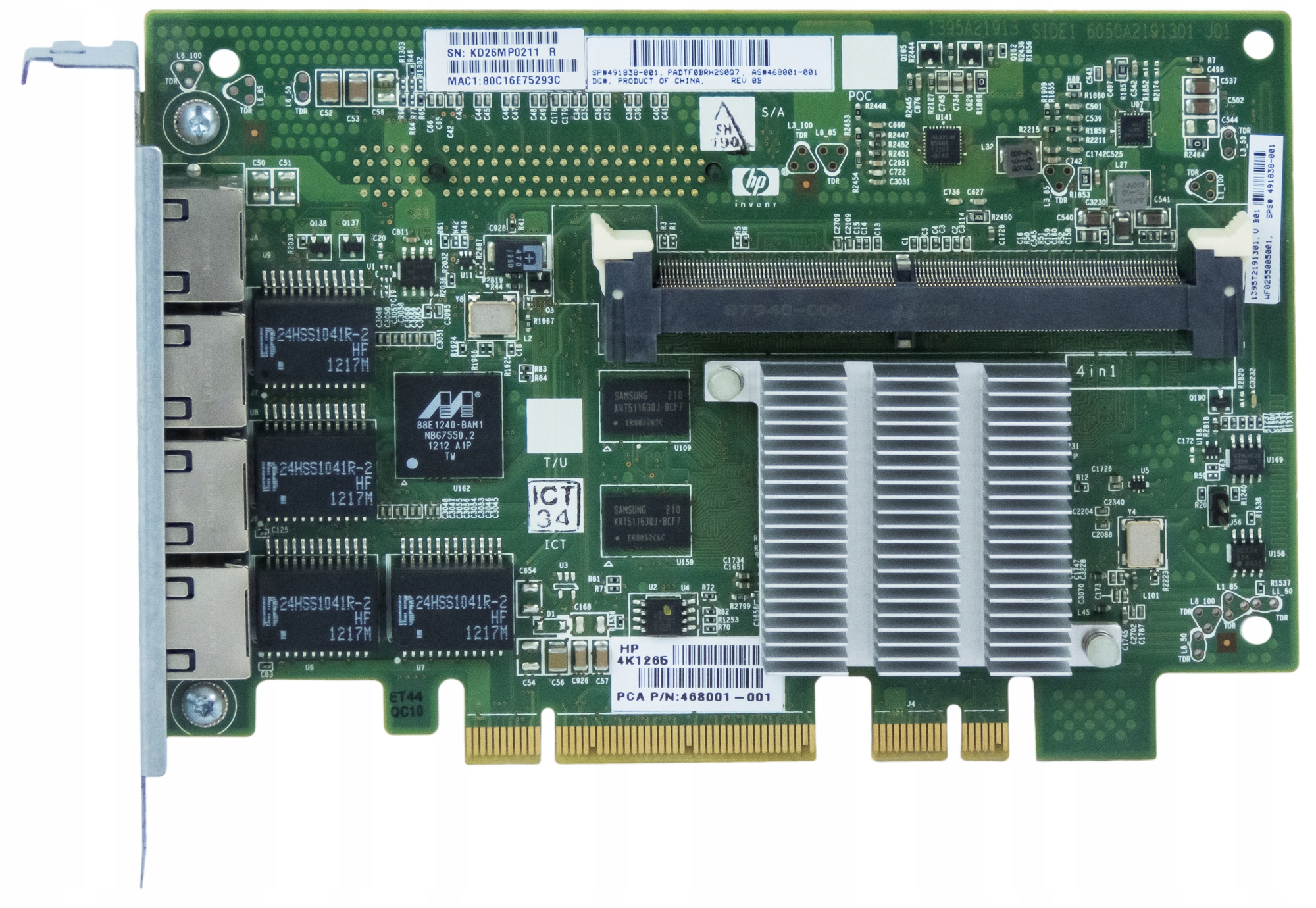 Hp 491838-001 NC375i Quad Port Nic Adapter PCIe x8