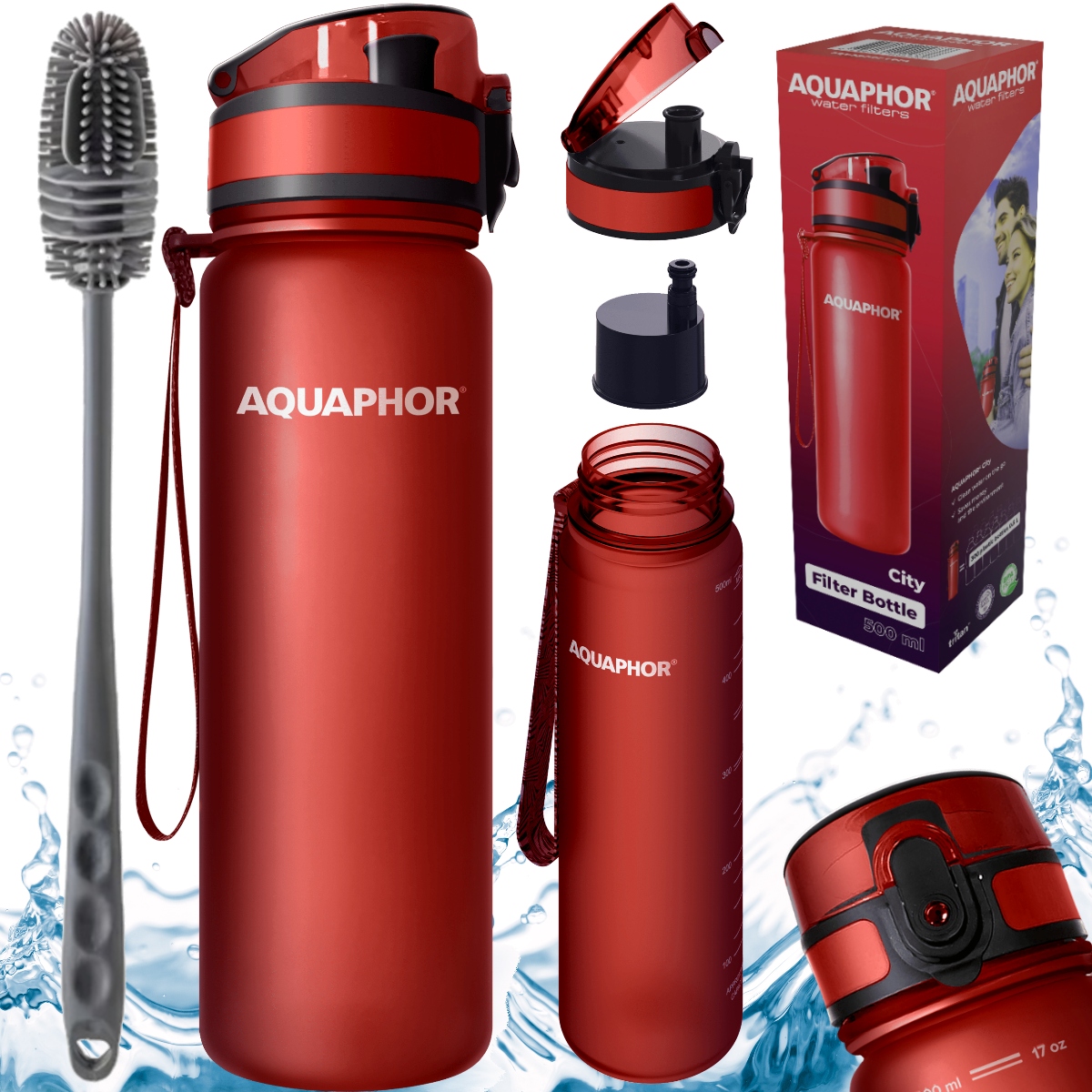Červená filtrační láhev 0,5 l Aquaphor City kartáček na mytí