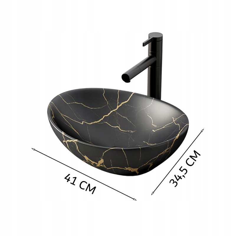 UMYWALKA NABLATOWA CZARNY MAT MARMUR Z ŻYŁKAMI OWALNA CERAMICZNA 41x34,5 CM Kolor czarny