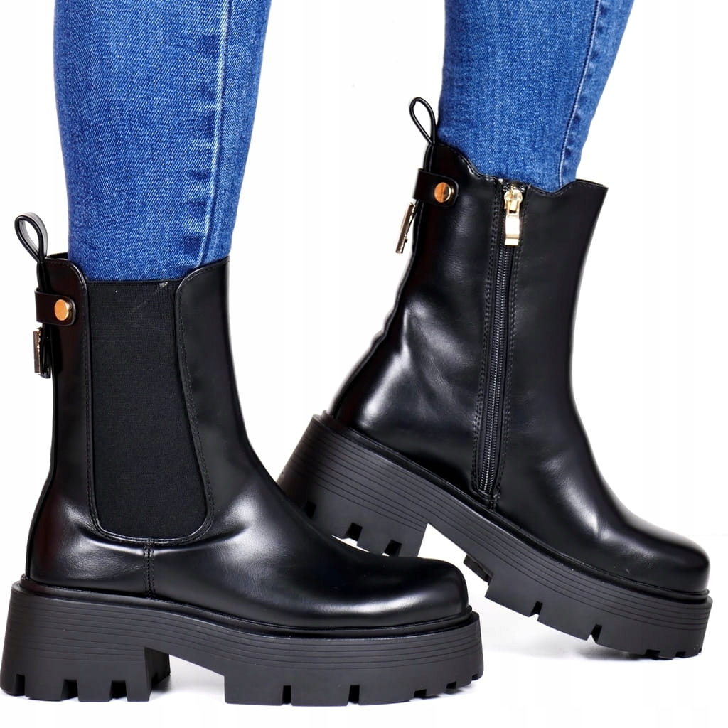 Černé Zimní Boty Na Platformě Kotníkové Boty Na Traperové Kostce, Pohodlné A Módní