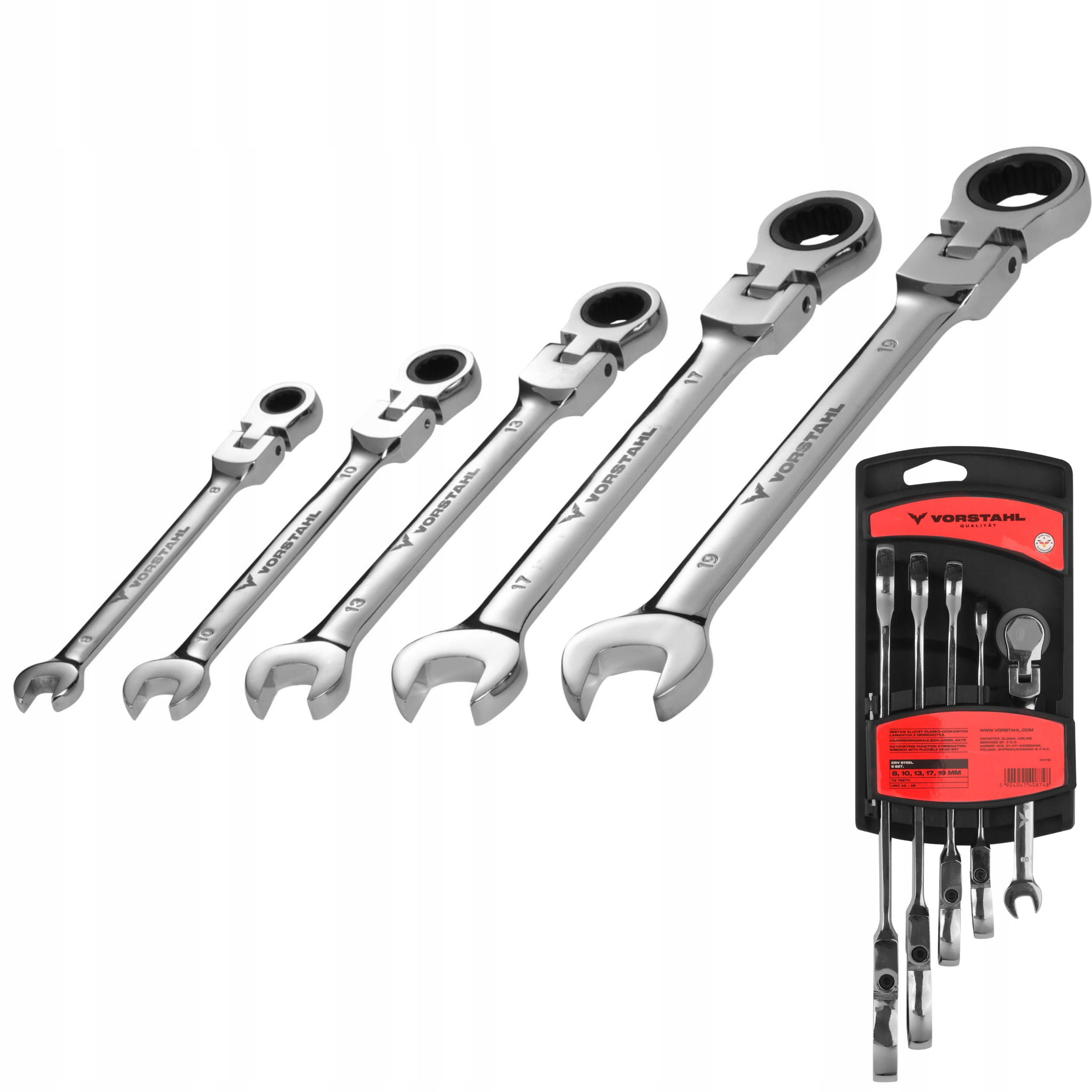 Zestaw Kluczy Płasko-oczkowych Łamane z Grzechotką CrV 5szt 8-19mm Vorstahl