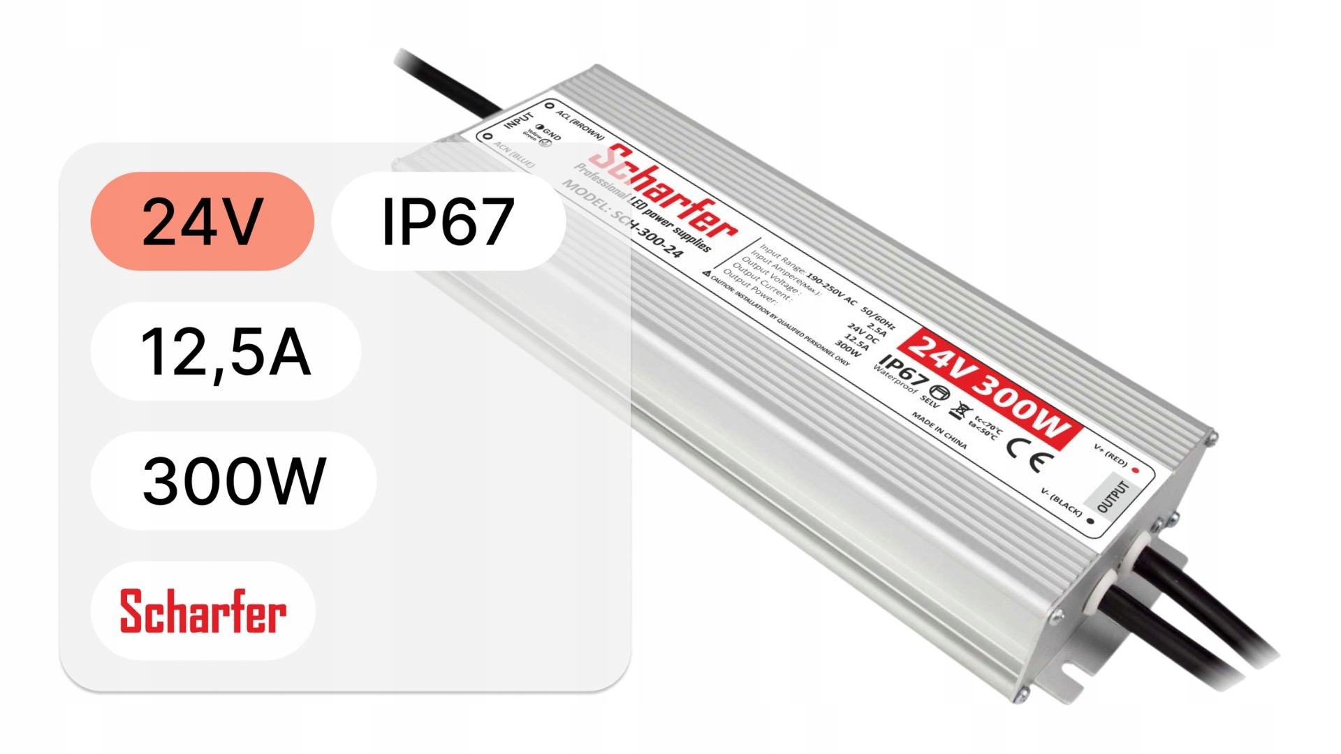Vodotesný napájací zdroj Scharfer SCH-300-24 IP67 24V 12,5A 300W