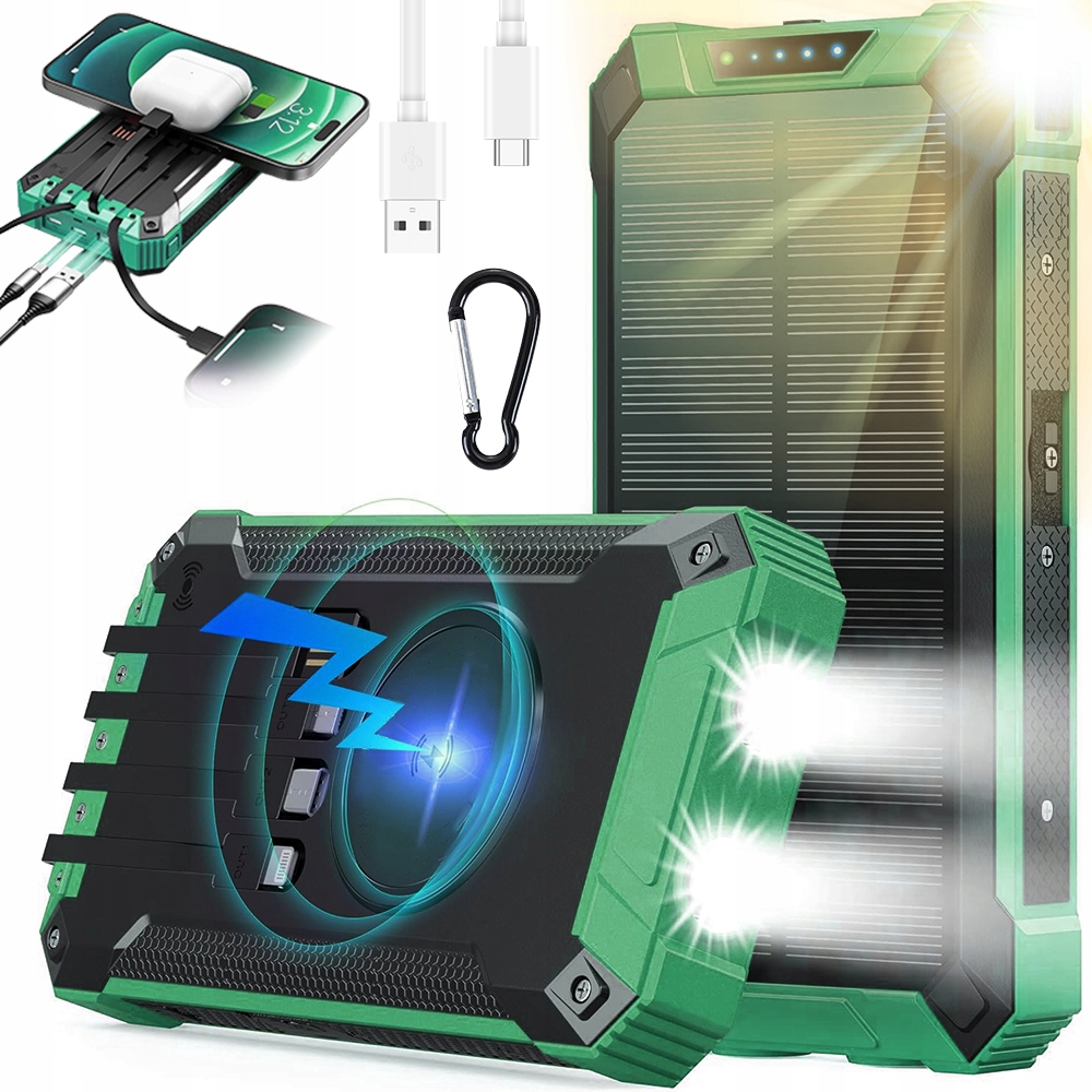 Solární Powerbanka 26800MAH Bezdrátové Nabíjení Indukční Svítilna Zelená