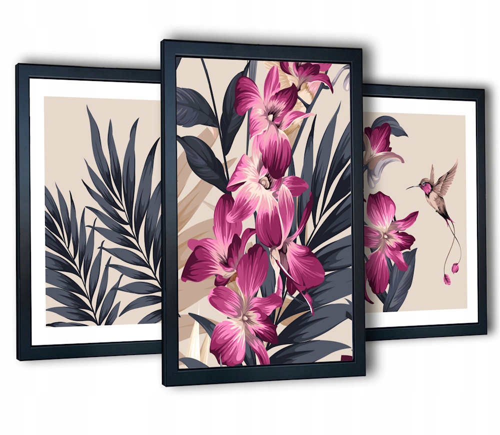 

3 obrazy na ścianę salon 130x63 różowa orchidea
